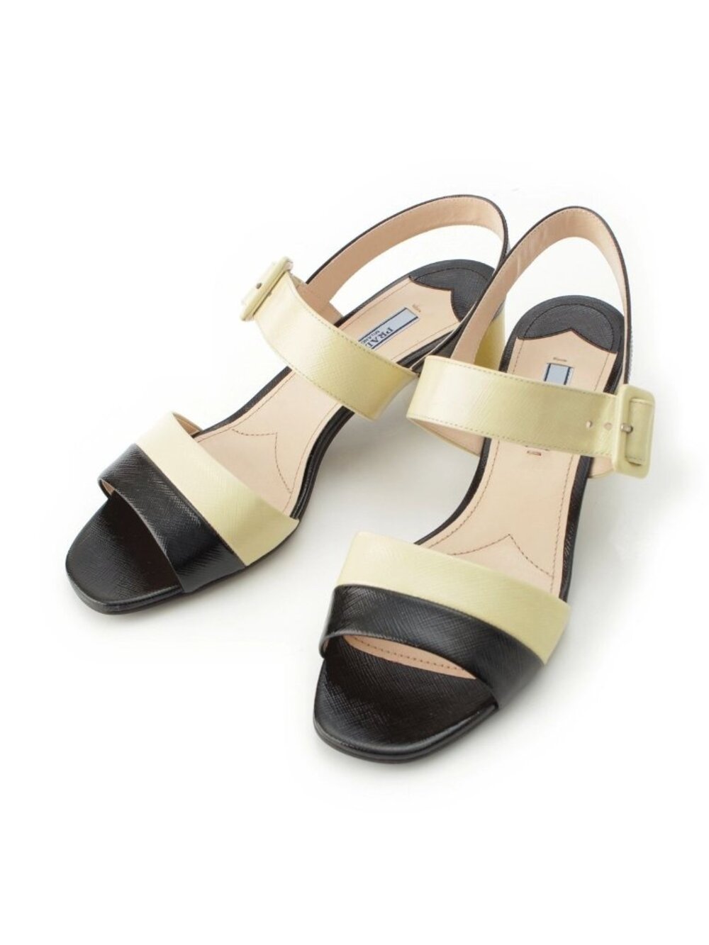 Prada Patent Leather Cowhide Bicolor Sandals Black Beige